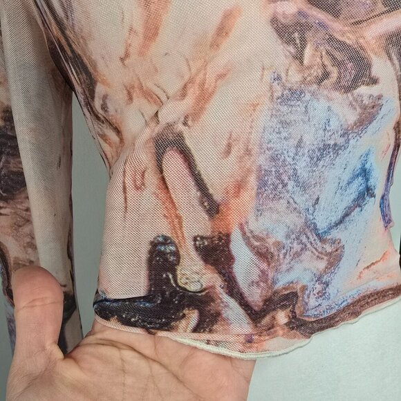 SHEIN Y2K Marble Print Sheer Mesh Long Sleeve Crop Top - Picture 7 of 9